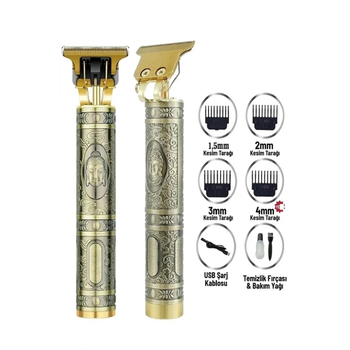 Gold Uçlu Vintage Şarjlı Traş Makinesi Saç Sakal Ense Çizim Vucüt Kılı Tıraş Makinası (74)