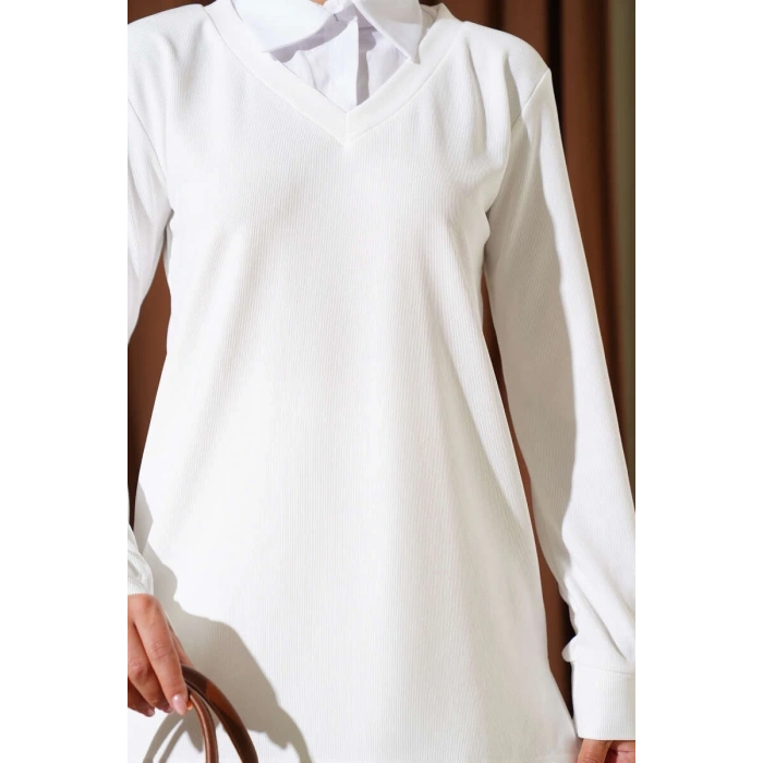 Gömlek Yaka Fitilli Salaş İkili Takım beyaz