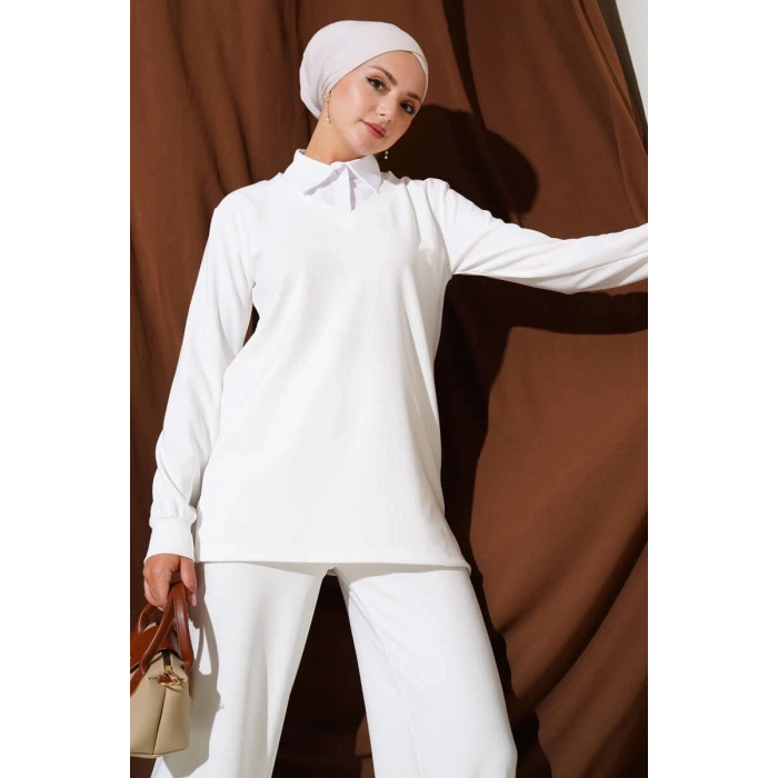 Gömlek Yaka Fitilli Salaş İkili Takım beyaz