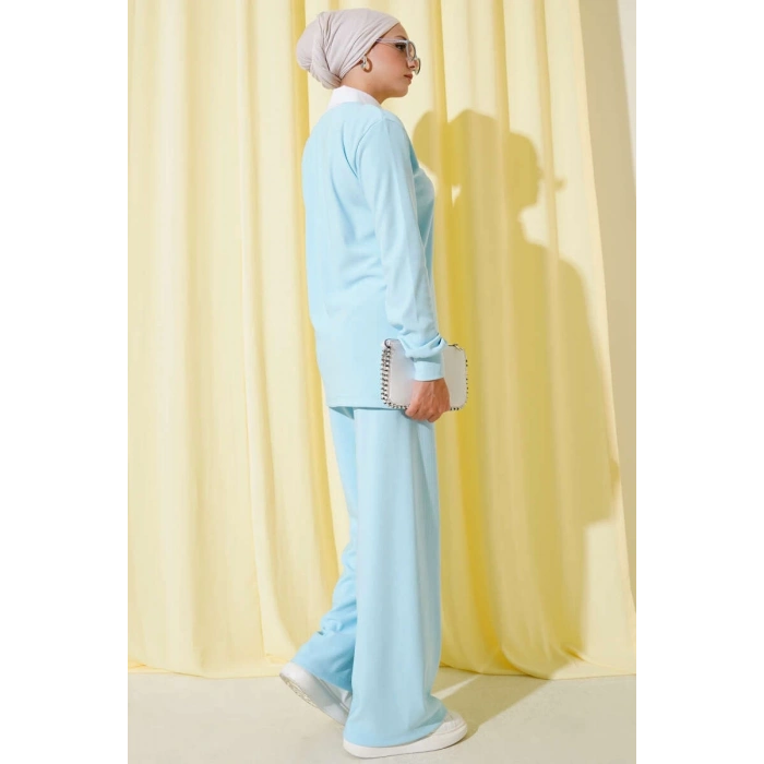 Gömlek Yaka Fitilli Salaş İkili Takım Buz Mavisi