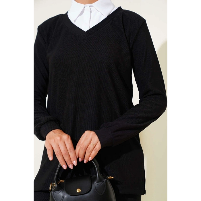 Gömlek Yaka Fitilli Salaş İkili Takım siyah