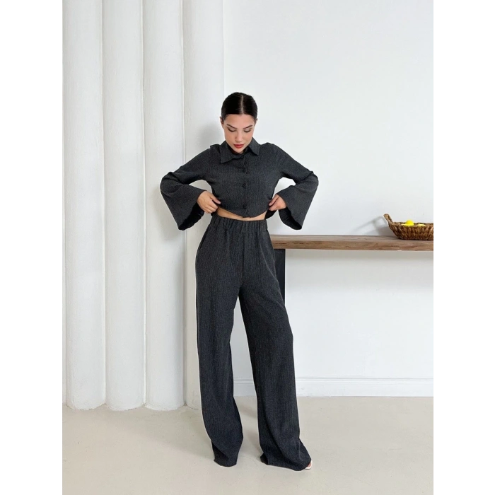 Gömlek yaka kaplama düğmeli takım antrasit