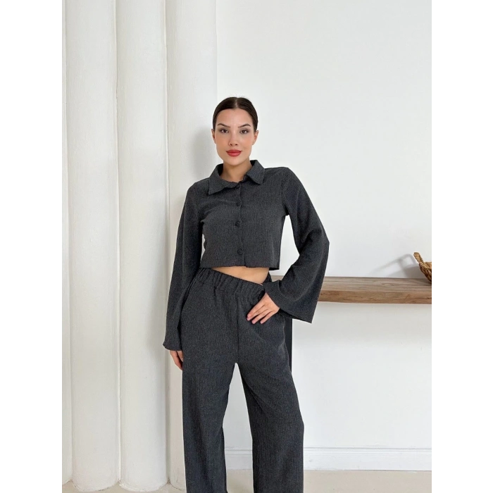 Gömlek yaka kaplama düğmeli takım antrasit