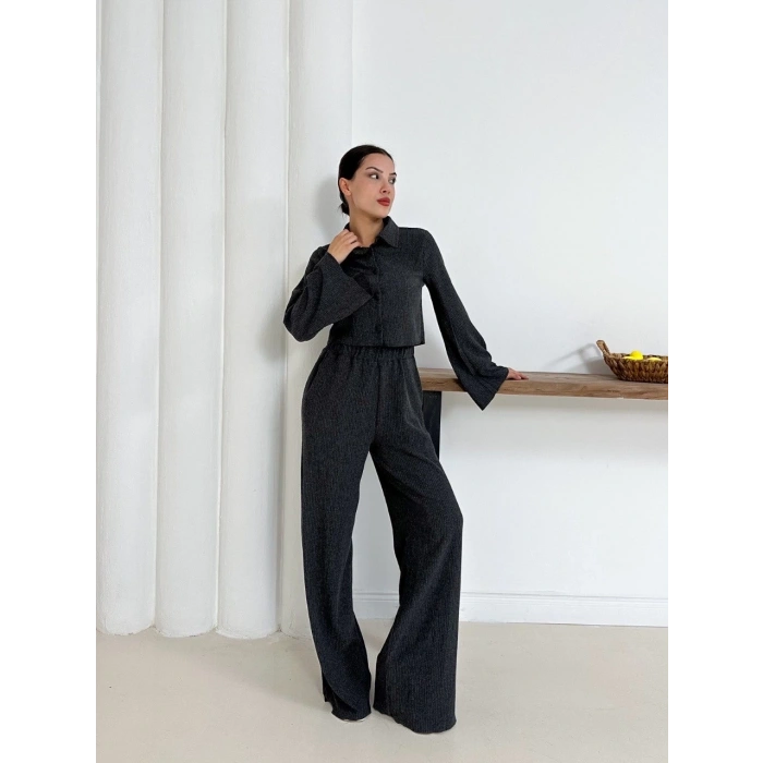 Gömlek yaka kaplama düğmeli takım antrasit