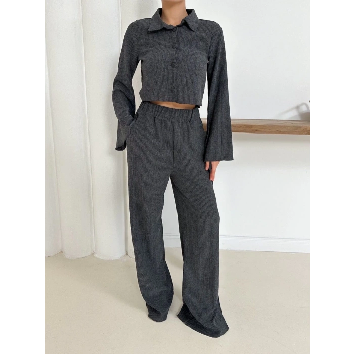 Gömlek yaka kaplama düğmeli takım antrasit