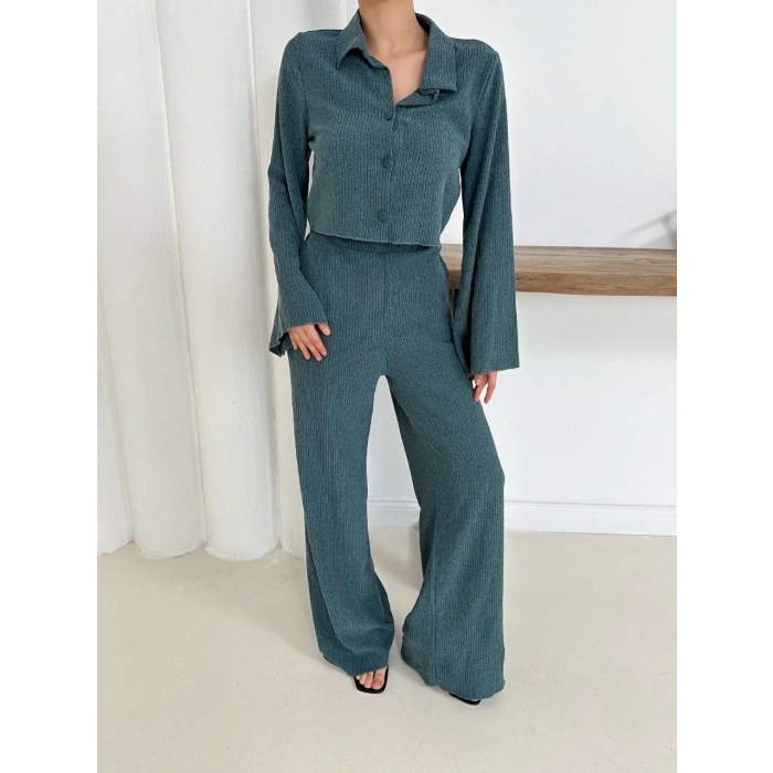 Gömlek yaka kaplama düğmeli takım petrol yeşili