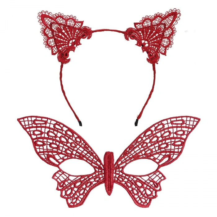 Gösterişli Kırmızı Dantel Maske ve Taç Seti 7 No – Masquerade ve Davetler için