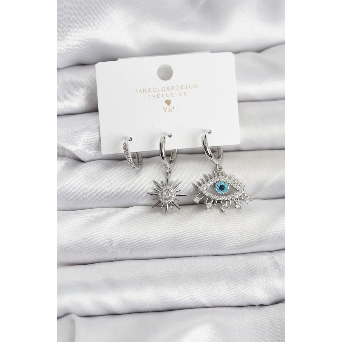 Göz Model Gümüş Renk Pirinç 3lü Kadın Küpe Seti