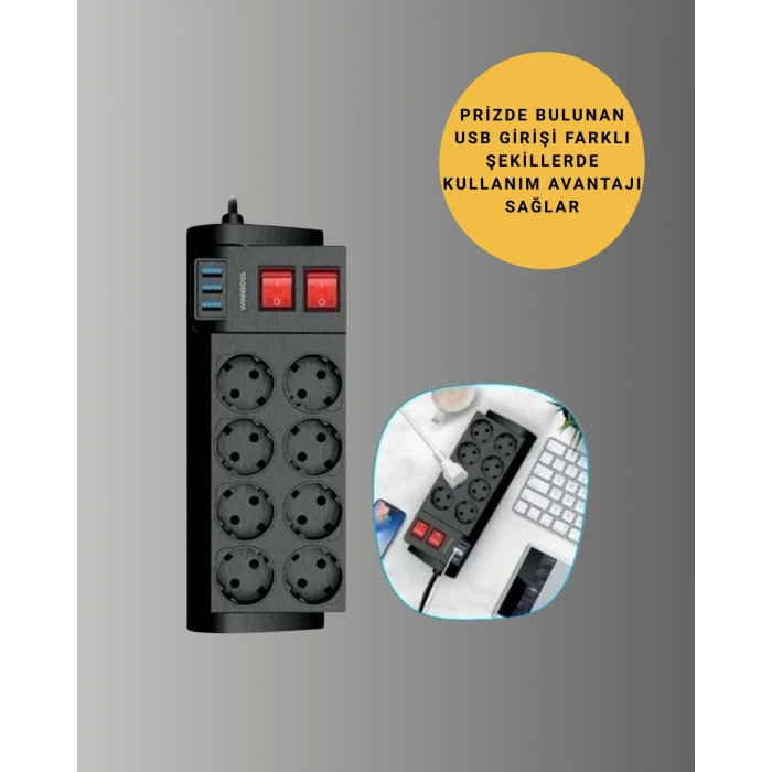 Güçlü Termal Korumalı 8 Priz + 3 USB Çoklu Uzatma Kablosu 2m