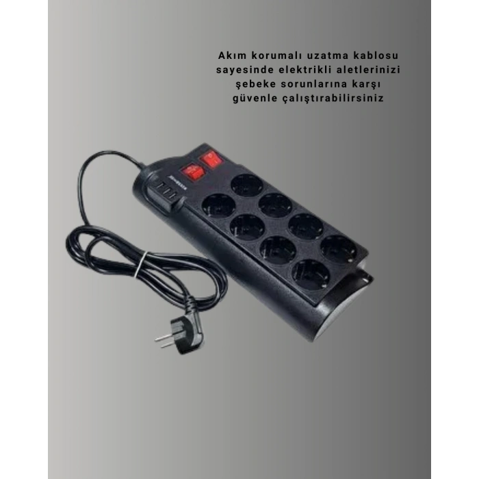 Güçlü Termal Korumalı 8 Priz + 3 USB Çoklu Uzatma Kablosu 2m