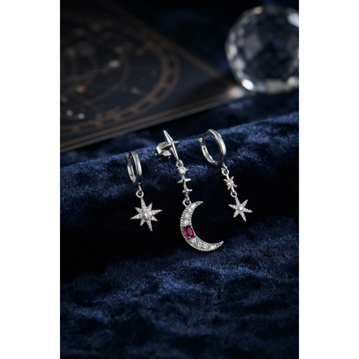 Gümüş Renk 3 lü Ay ve Yıldız Model Küpe