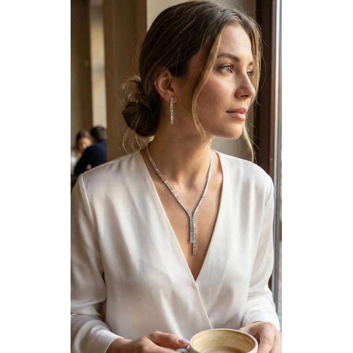 Gümüş Renk Baget Zirkon Taşlı Kadın Kolye Küpe Set