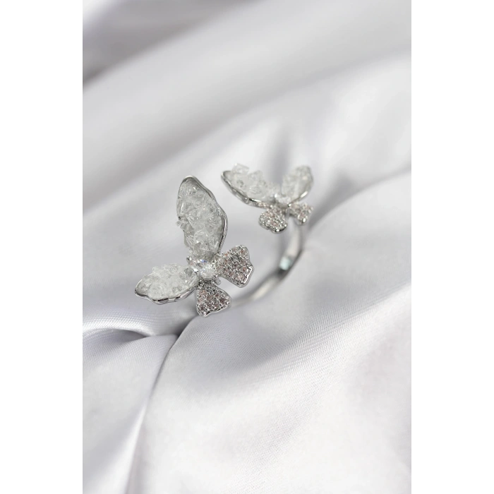 Gümüş Renk Beyaz Kelebek Model Zirkon Taşlı Kadın Yüzük