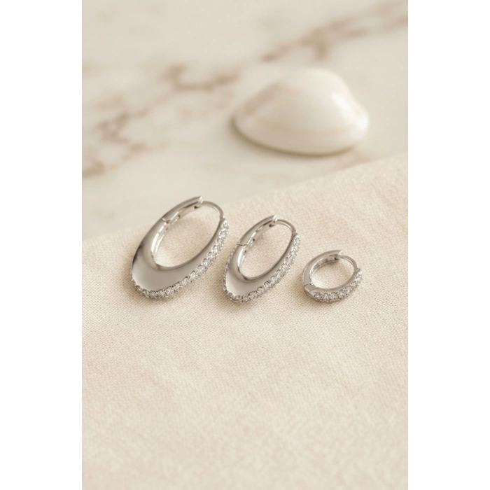 Gümüş Renk Oval Halka Model Zirkon Taşlı 3 lü Küpe Set