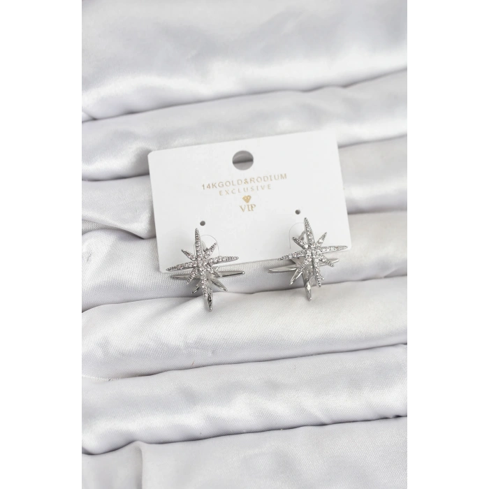 Gümüş Renk Pirinç Çift Taraflı Kutup Yıldızı Kadın Küpe