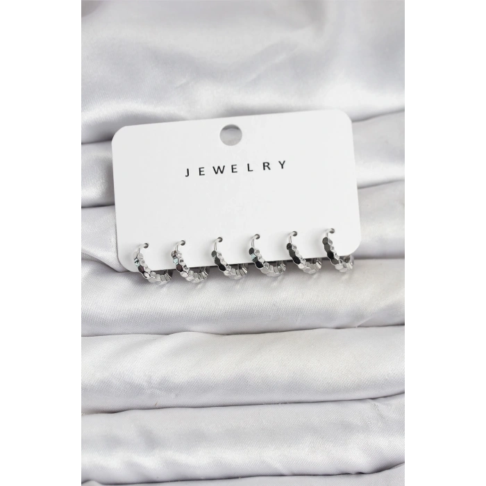 Gümüş Renk Pirinç Minimal Petek Detaylı Kadın Küpe Seti