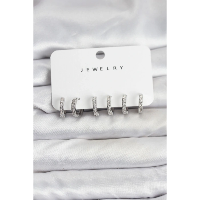 Gümüş Renk Pirinç Zirkon Taşlı Halka Kadın Küpe Seti