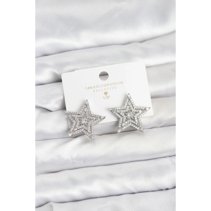 Gümüş Renk Pirinç Zirkon Taşlı Yıldız Model Kadın Küpe