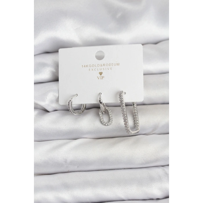 Gümüş Renk Zirkon Taşlı 3lü Kadın Küpe Seti