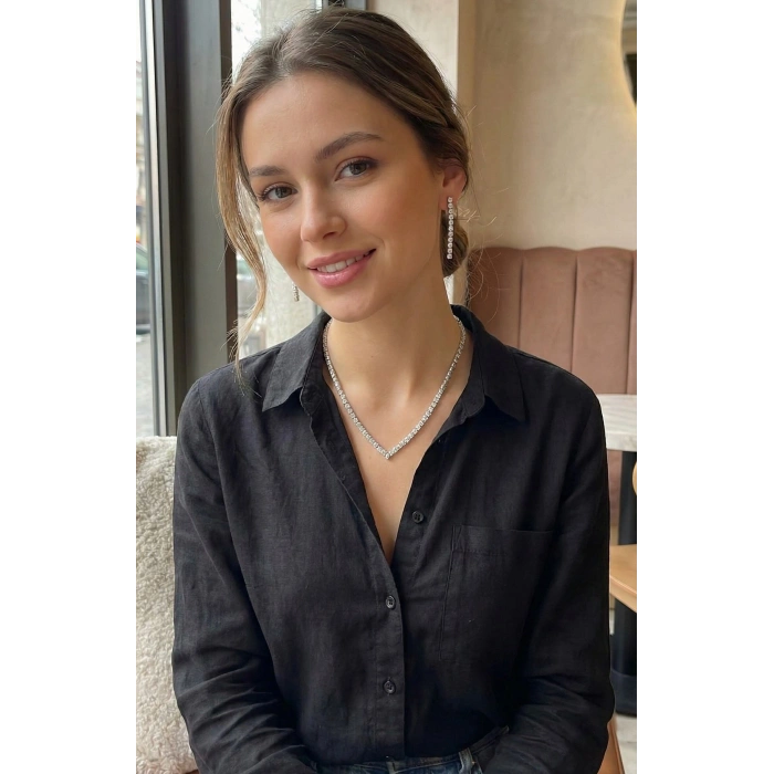 Gümüş Renk Zirkon Taşlı Kadın Kolye Küpe Seti