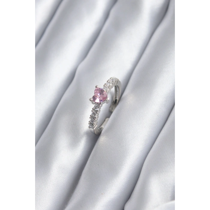 Gümüş Renk Zirkon Taşlı Pembe Kristal Kalp Model Kadın Yüzük