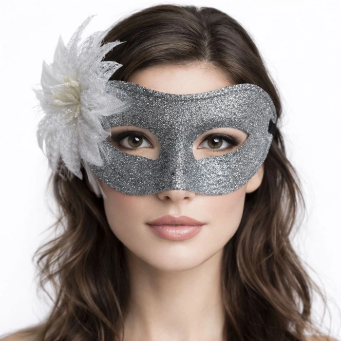 Gümüş Simli Tüylü B Maskesi – Kadın Parti & Maskeli B Maskesi