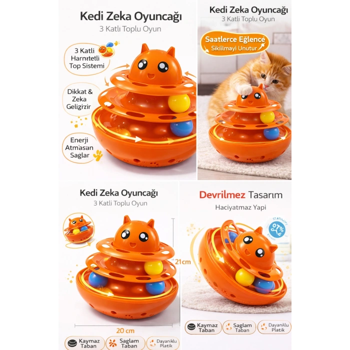 Hacıyatmaz Kedi Oyuncağı 3 Katlı Toplu Zeka Oyuncağı 20x21 cm – Devrilmez Interaktif  Oyuncağı