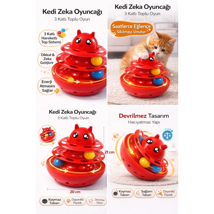 Hacıyatmaz Kedi Oyuncağı 3 Katlı Toplu Zeka Oyuncağı 20x21 cm – Devrilmez Interaktif  Oyuncağı