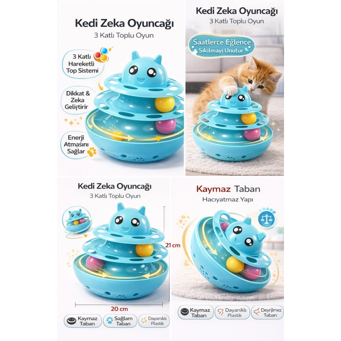 Hacıyatmaz Kedi Oyuncağı 3 Katlı Toplu Zeka Oyuncağı 20x21 cm – Devrilmez Interaktif  Oyuncağı