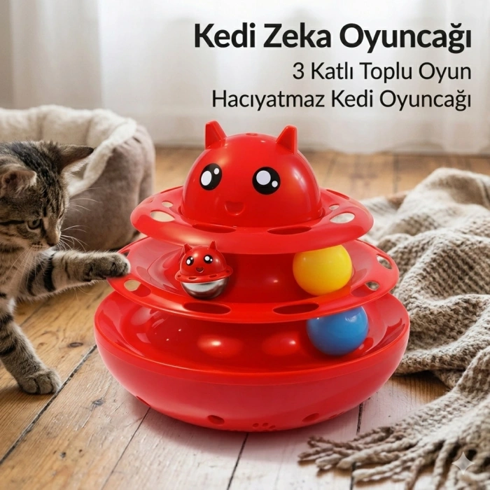 Hacıyatmaz Kedi Oyuncağı 3 Katlı Toplu Zeka Oyuncağı 20x21 cm – Devrilmez Interaktif  Oyuncağı