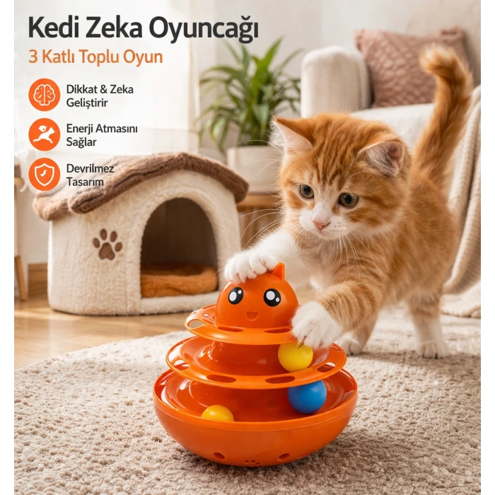 Hacıyatmaz Kedi Oyuncağı 3 Katlı Toplu Zeka Oyuncağı 20x21 cm – Devrilmez Interaktif  Oyuncağı