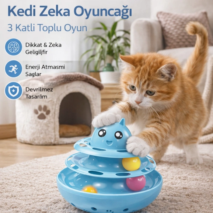Hacıyatmaz Kedi Oyuncağı 3 Katlı Toplu Zeka Oyuncağı 20x21 cm – Devrilmez Interaktif  Oyuncağı