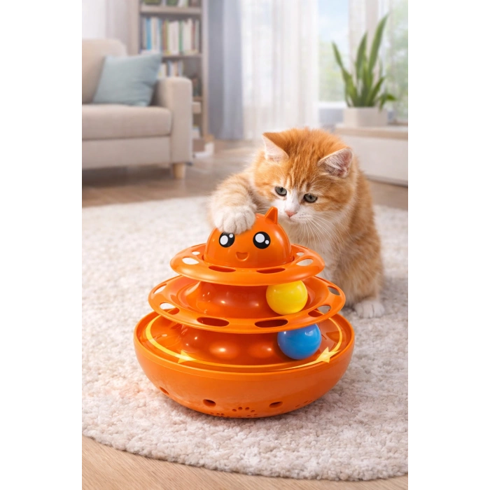Hacıyatmaz Kedi Oyuncağı 3 Katlı Toplu Zeka Oyuncağı 20x21 cm – Devrilmez Interaktif  Oyuncağı