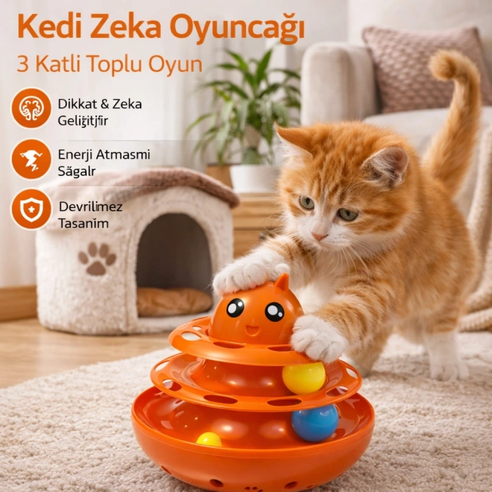 Hacıyatmaz Kedi Oyuncağı 3 Katlı Toplu Zeka Oyuncağı 20x21 cm – Devrilmez Interaktif  Oyuncağı