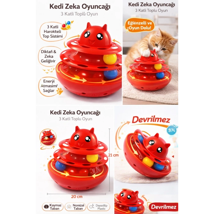 Hacıyatmaz Kedi Oyuncağı 3 Katlı Toplu Zeka Oyuncağı 20x21 cm – Devrilmez Interaktif  Oyuncağı
