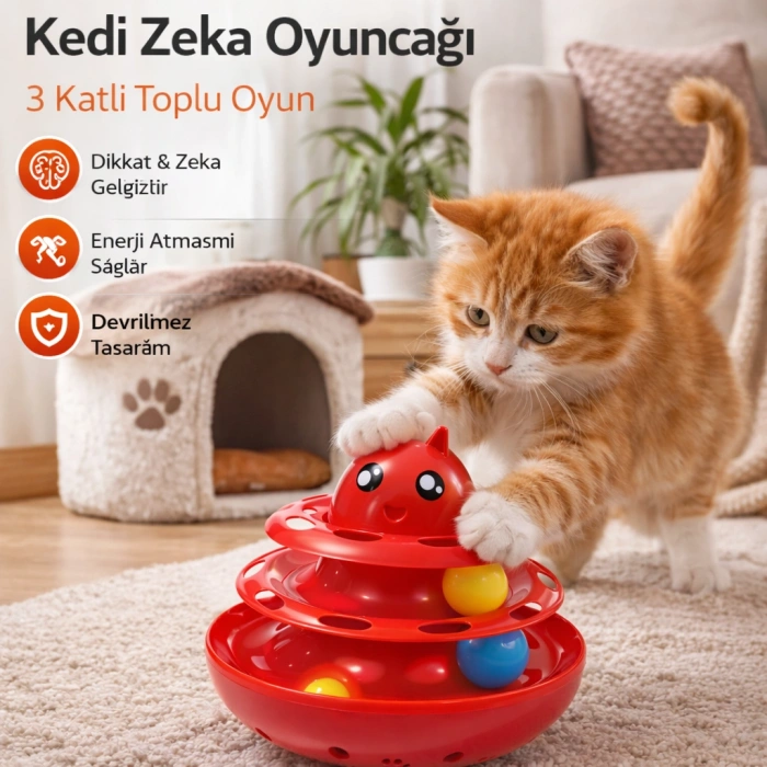 Hacıyatmaz Kedi Oyuncağı 3 Katlı Toplu Zeka Oyuncağı 20x21 cm – Devrilmez Interaktif  Oyuncağı