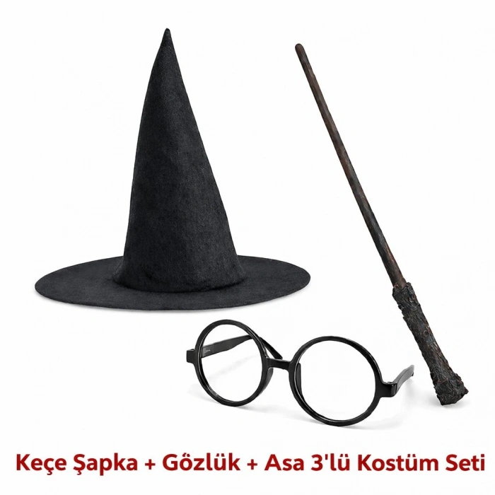 Harry Potter Tarzı Çuk Seti (Siyah Keçe Şapka, Asa, Gözlük)