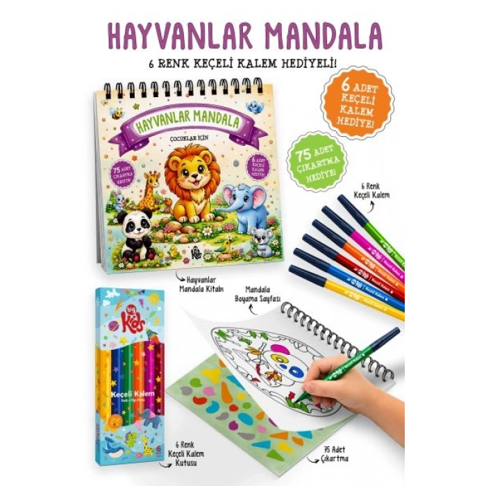 Hayvanlar Mandala - 6 Renk Keçeli Kalem ve 75 Adet Çıkartma Hediyeli 3+