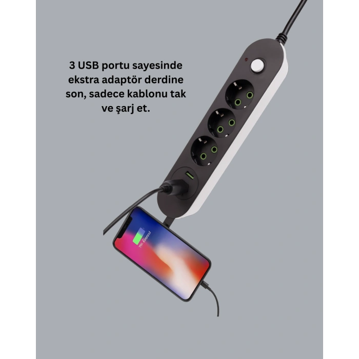 Hızlı Şarj Özellikli 3 USB Girişli Üçlü Priz