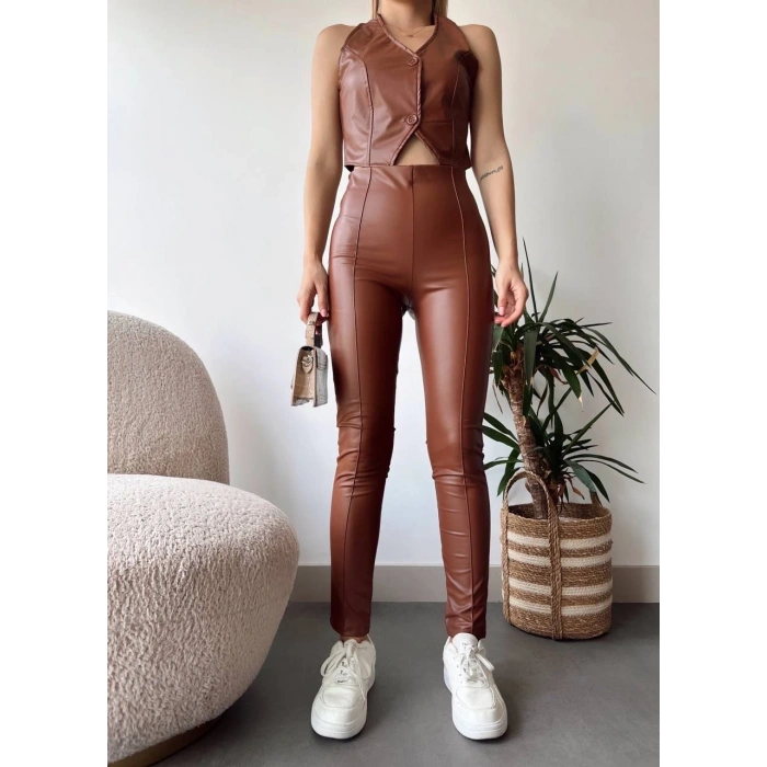 İki düğmeli deri yelek kahve