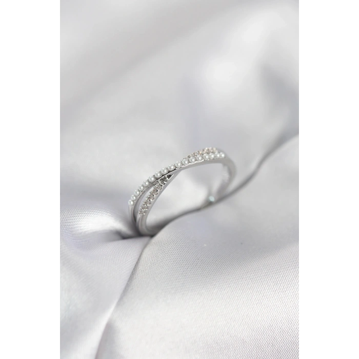 İncili ve Zirkon Taşlı Gümüş Renk Kadın Yüzük