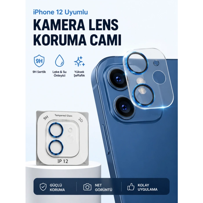 iPhone 12 Kamera Lens Koruyucu 9H Temperli Cam Mavi