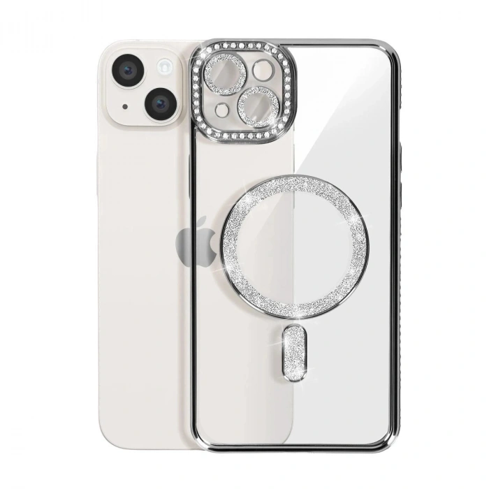 İphone 14 Kılıf Joke Simli Magneticsafe Kılıf - Gümüş