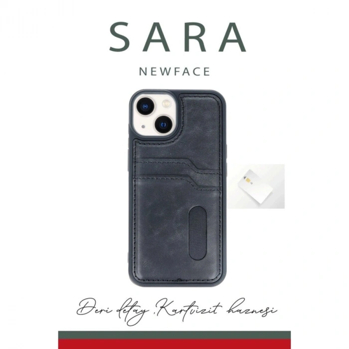 İphone 14 Kılıf Sara Kartvizitli Deri Kılıf - Siyah