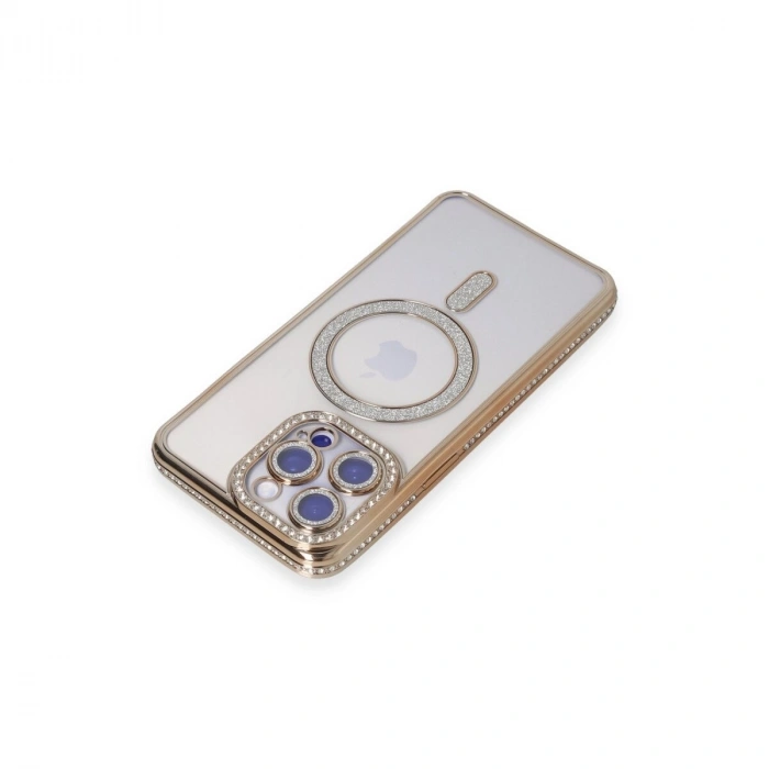 İphone 14 Pro Kılıf Joke Simli Magneticsafe Kılıf - Gold