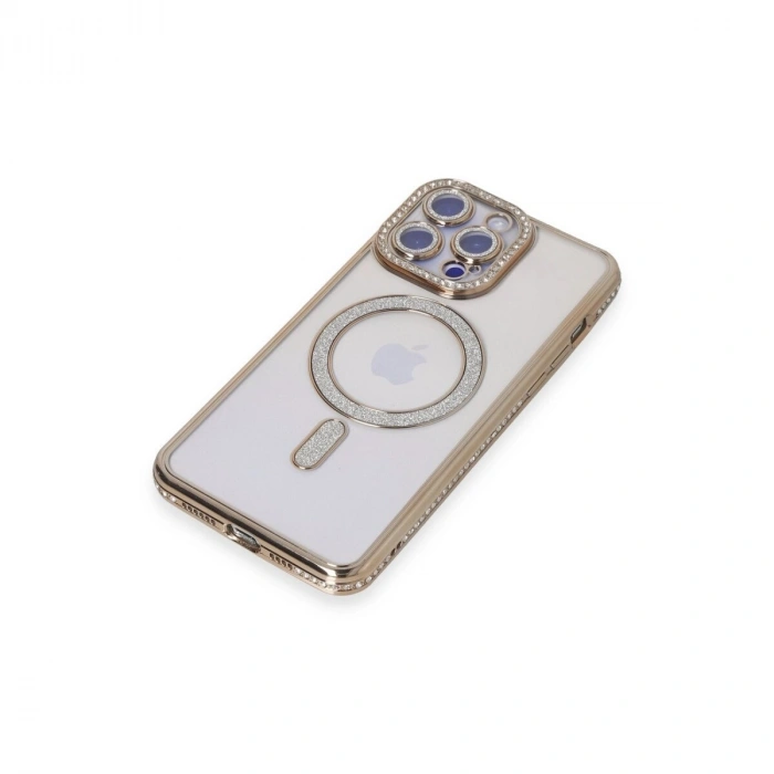 İphone 14 Pro Kılıf Joke Simli Magneticsafe Kılıf - Gold