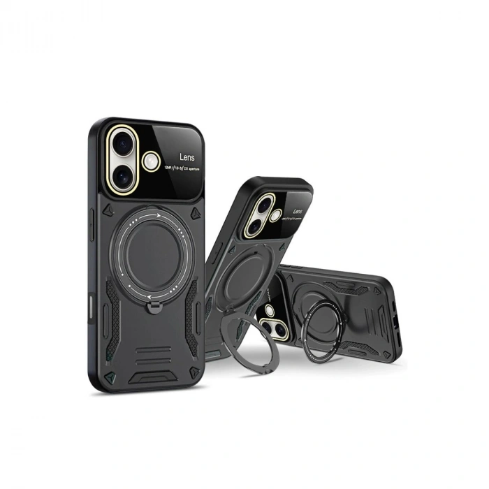 İphone 16 Kılıf Joy Lens Standlı Kapak - Siyah