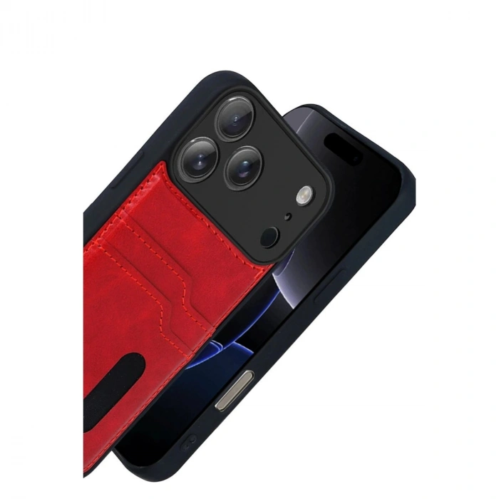İphone 17 Pro Max Sara Kartvizitli Deri Kılıf - Kırmızı