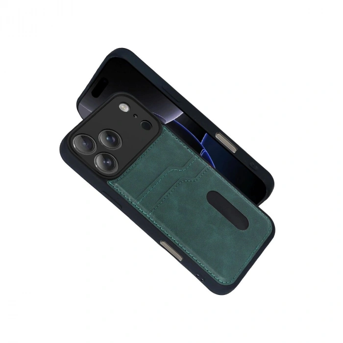 İphone 17 Pro Sara Kartvizitli Deri Kılıf - Yeşil
