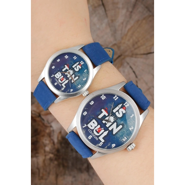 İstanbul Tasarım Lacivert Deri Kordonlu Sevgili Saatleri